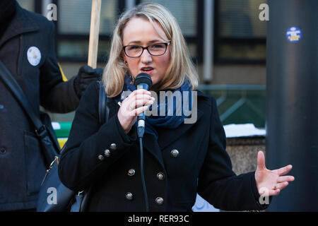 London, UK. 22nd Jan, 2019. Shadow Secretary of State for Business, Energy and Industrial Strategy (BEIS) Rebecca Long-Bailey addresses BEIS support staff represented by the Public and Commercial Services (PCS) union on the picket line after beginning a strike for the London Living Wage of £10.55 per hour and parity of sick pay and annual leave allowance with civil servants. The strike is being coordinated with receptionists, security staff and cleaners at the Ministry of Justice (MoJ) represented by the United Voices of the World (UVW) trade union. Credit: Mark Kerrison/Alamy Live News Stock Photo