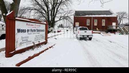 Davenport, Iowa, USA. 17th Jan, 2019. The former Word of Faith Tabernacle Church on South Clark Street in Davenport was recently purchased by Thomas Lynch and Mhisho Vuong-Lynch who are converting the building into their home. Credit: Kevin E. Schmidt/Quad-City Times/ZUMA Wire/Alamy Live News Stock Photo