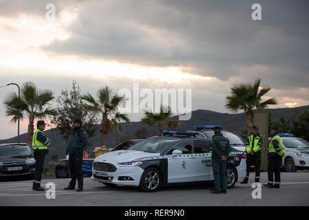 Totalan, Spain. 22nd Jan, 2019. Security forces are deployed as part of the rescue work in the case of the two-year Julen. On 14.01.2019, the little one is said to have fallen into the hole with a diameter of only 25 to 30 centimetres on a trip to the countryside with his family. Regardless of the dwindling chances of survival, emergency forces have desperately made their way towards the trapped toddler Julen. Credit: Daniel Pérez/dpa/Alamy Live News Stock Photo