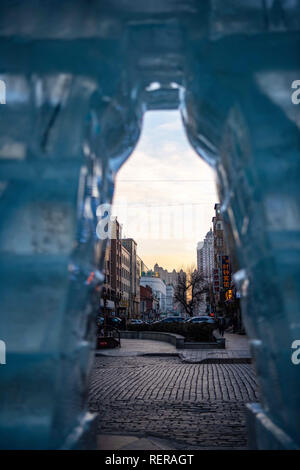 Harbin, China. 22nd Jan, 2019. A glimpse of architectures in Harbin from a hole of ice sculpture in Harbin, northeast China's Heilongjiang Province. Credit: SIPA Asia/ZUMA Wire/Alamy Live News Stock Photo