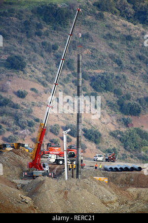 January 22, 2019 - 22 january 2019 (Totalan, Malaga, Andalucia) Yesterday's day ended with good news. It had finally reached 60 meters depth and, despite the 55 hours invested, was already a step away from the Hunosa rescue brigade could start the excavation of the horizontal gallery. But to begin with those four meters that go from the perforation of meter and a half of diameter and the tiny hole of 25 centimeters where Julen fell nine days ago is getting too complicated. From the level minus 40, the protection tubes do not fit and it has been decided to re-drill with a slightly larger thicke Stock Photo