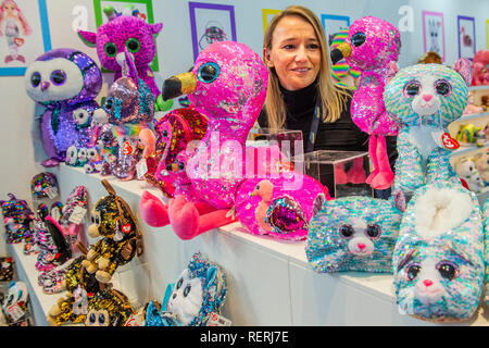 London, UK. 22nd Jan 2019. Sequinned Flippables on the TY stand - The Toy Fair at Olympia in London. Credit: Guy Bell/Alamy Live News Stock Photo
