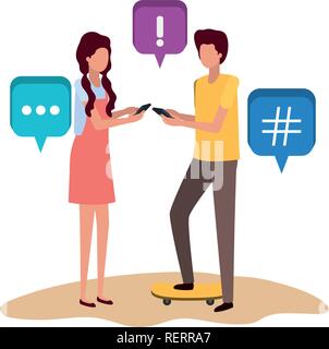 young couple with speech bubble avatar character Stock Vector