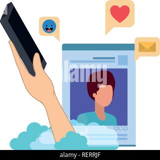 hands with smarthphone and social network profile avatar character Stock Vector