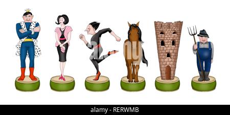 Chess pieces, Horse or Knight, Bishop, King, Queen, Peasant, background white, cutout, Germany Stock Photo