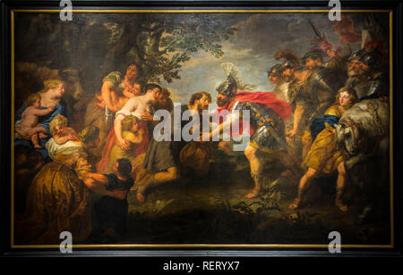 17th century painting The Reconciliation of Jacob and Esau by Flemish painter Jan van den Hoecke in the Groeningemuseum, Bruges, Flanders, Belgium Stock Photo