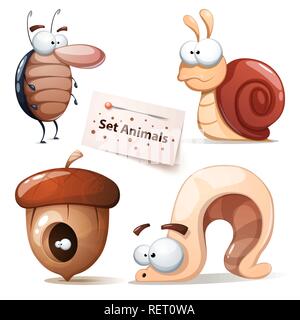 Cockroach, snail, nuts, worm - animals set Stock Vector