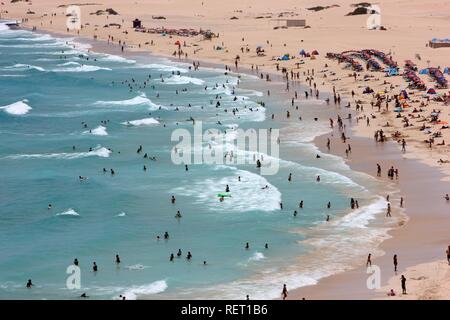 Beach with sand dunes and holidaymakers, Grandes Playas, near Corralejo in the north of the island of Fuerteventura Stock Photo