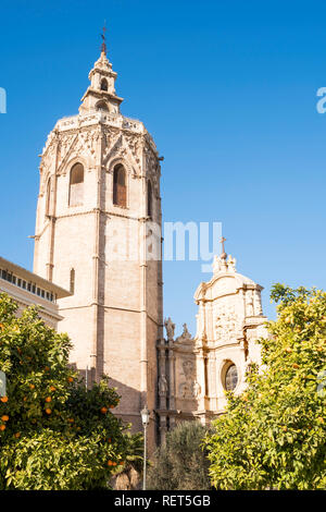 The Gothic octagonal bell tower and Baroque facade of Valencia cathedral, Spain, Europe Stock Photo