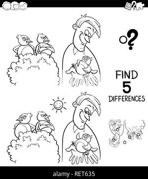 Black and White Cartoon Illustration of Finding Five Differences Between Pictures Educational Game for Children with A Bird in the Hand is Worth Two i Stock Vector