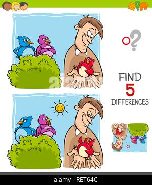 Cartoon Illustration of Finding Five Differences Between Pictures Educational Game for Children with A Bird in the Hand is Worth Two in the Bush Sayin Stock Vector
