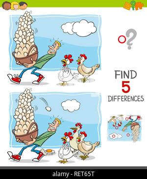 Cartoon Illustration of Finding Five Differences Between Pictures Educational Game for Children with Dont Put All your Eggs in One Basket Saying Stock Vector