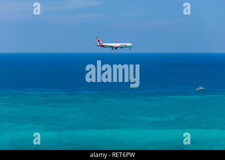 Montego Bay, Jamaica - March 27 2015: Air Canada aircraft approaching the Sangster International Airport (MBJ) in Montego Bay, Jamaica Stock Photo