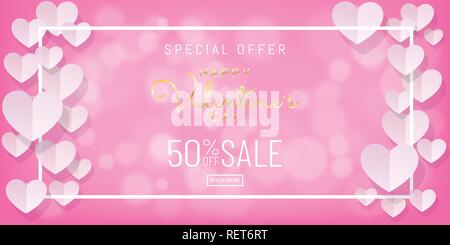 Papercut style of Valentines day sale background with gold calligraphy on pink color with hearts and white frame, Paper art (Digital craft) wallpaper, Stock Vector