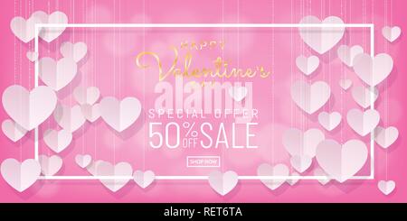 Valentines day sale background paper cut, paper art (Digital craft) style gold calligraphy and white frame with bunch of hearts hanging decorative on  Stock Vector