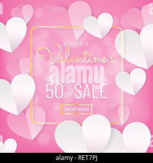 Valentines day sale background banner, calligraphy greeting card style in sweet pink color on white gold frame with paper cut style (paper art) Stock Vector