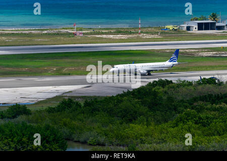Montego Bay, Jamaica - March 27 2015: COPA Airlines aircraft on runway at Sangster International Airport (MBJ) preparing for departure Stock Photo