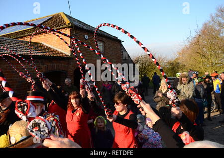 Grimsby folk dancing group The Herring Gals celebrate Wassail at the Skidbrooke Cyder Company, Lincolnshire, England. Stock Photo