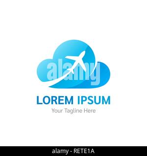 Vector logo design for airlines, travel agencies, tourism apps, logistics companies. Airplane and cloud icon. Flight logo Stock Vector