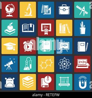 Education icons set on color squares background for graphic and web design, Modern simple vector sign. Internet concept. Trendy symbol for website design web button or mobile app. Stock Vector