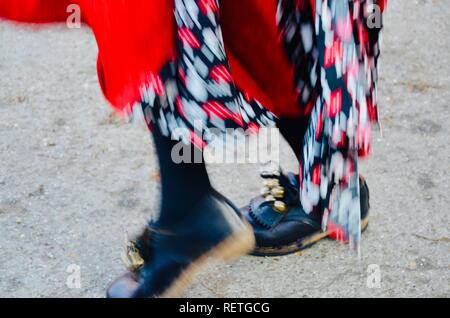 Feet in clogs, Grimsby folk dancing group The Herring Gals celebrate Wassail at the Skidbrooke Cyder Company, Lincolnshire, England. Stock Photo