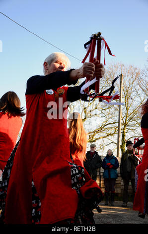 Grimsby folk dancing group The Herring Gals celebrate Wassail at the Skidbrooke Cyder Company, Lincolnshire, England. Stock Photo