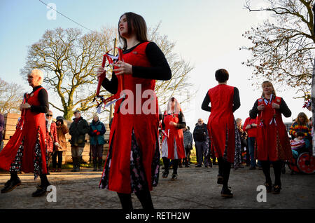 Grimsby folk dancing group The Herring Gals celebrate Wassail at the Skidbrooke Cyder Company, Lincolnshire, England. Stock Photo