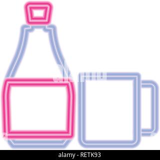 mug and drink bottle over white background, colorful neon design.  vector illustration Stock Vector