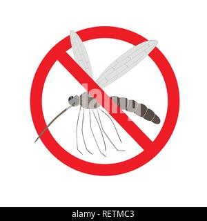 Wild mosquito in red strike-through circle. Vector illustration on white isolated background. Stock Vector