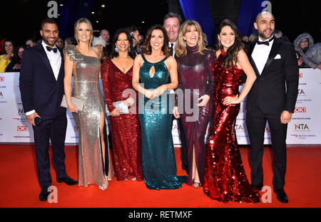 The cast of Good Morning Britain (left to right) Sean Fletcher, Charlotte Hawkins, Ranvir Singh, Susanna Reid, Piers Morgan, Kate Garraway, Laura Tobin and Alex Beresford attending the National Television Awards 2019 held at the O2 Arena, London. Stock Photo