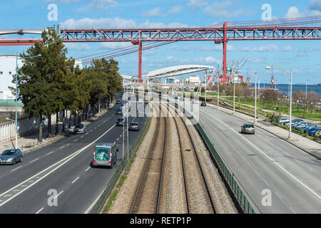 Brasilia Avenue and 25 April Bridge, former Salazar bridge, over the Tagus river, Lisbon, Portugal Stock Photo