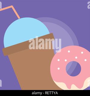 smoothie and sweet donut over purple background, vector illustration Stock Vector