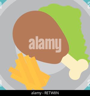 plate with Chicken thigh with salad and french fries over blue background, vector illustration Stock Vector