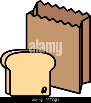 Paper bag and bread slice over white background, vector illustration ...