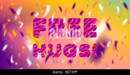 Free Hugs striped fluffy lettering and colored confetti Stock Vector