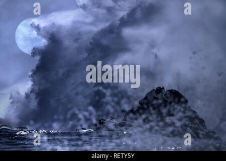 Cold and scary overcast full moon night on the sea coast Stock Photo