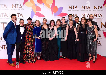 The cast of Emmerdale with the award for best Serial Drama in the Press Room at the National Television Awards 2019 held at the O2 Arena, London. Stock Photo