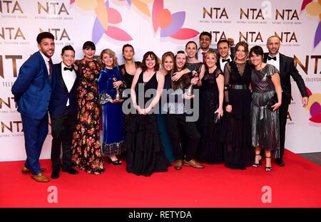 The cast of Emmerdale with the award for best Serial Drama in the Press Room at the National Television Awards 2019 held at the O2 Arena, London. Stock Photo