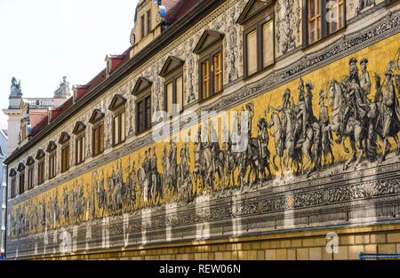 Prince's procession of the Wettins as wall frieze made of Meissen porcelain tiles, Dresden, Saxony, Germany Stock Photo