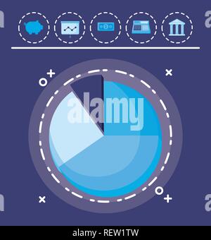 money related icons and pie chart over blue  background, vector illustration Stock Vector