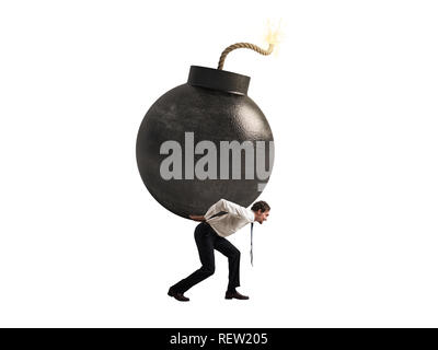 Businessman hold a bomb. Concept of difficult career and failure. Isolated on white background Stock Photo