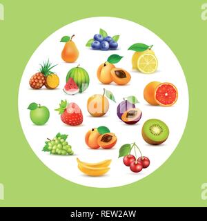 Fruit set, Vector background with fruits in circle on green backdrop Stock Vector