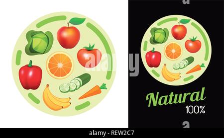 Round sticker with Fruit and Vegetables. Design element of Signboard banner with natural vegan food for shop Stock Vector