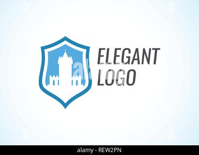 Blazon with Stronghold Castle on coat of arms flat style in blue color with caption Stock Vector