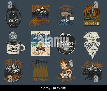 Camping logo and labels. Mountains and lumberjack, brown bear, mountain goat, pine trees. Trip in the forest, outdoor and adventure. Colored badges on the chalkboard. Hand drawn vintage pins. Stock Vector