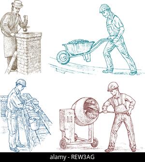 Set of Builders Technicians or Cement Engineers and Bricklayer in a helmet makes repairs. Construction worker man in vintage style. Engraved character. Stock Vector