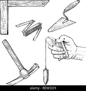 Work tools for construction and repair of buildings. Spatula, hammer, measuring devices. Hand drawn Engraved vintage sketch. Stock Vector