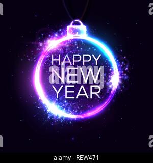 Happy new year background. Neon light banner. Celebrating retro disco night club party design template for seasonal flyer. New Year greeting card or Christmas invitation. Explosion vector illustration Stock Vector