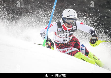 Zagreb, Croatia - January 6, 2019 : Albert Popov from Bulgaria competes during the Audi FIS Alpine Ski World Cup Mens Slalom, Snow Queen Trophy 2019 i Stock Photo