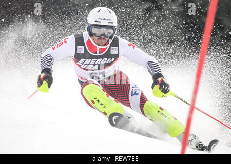 Zagreb, Croatia - January 6, 2019 : Albert Popov from Bulgaria competes during the Audi FIS Alpine Ski World Cup Mens Slalom, Snow Queen Trophy 2019 i Stock Photo